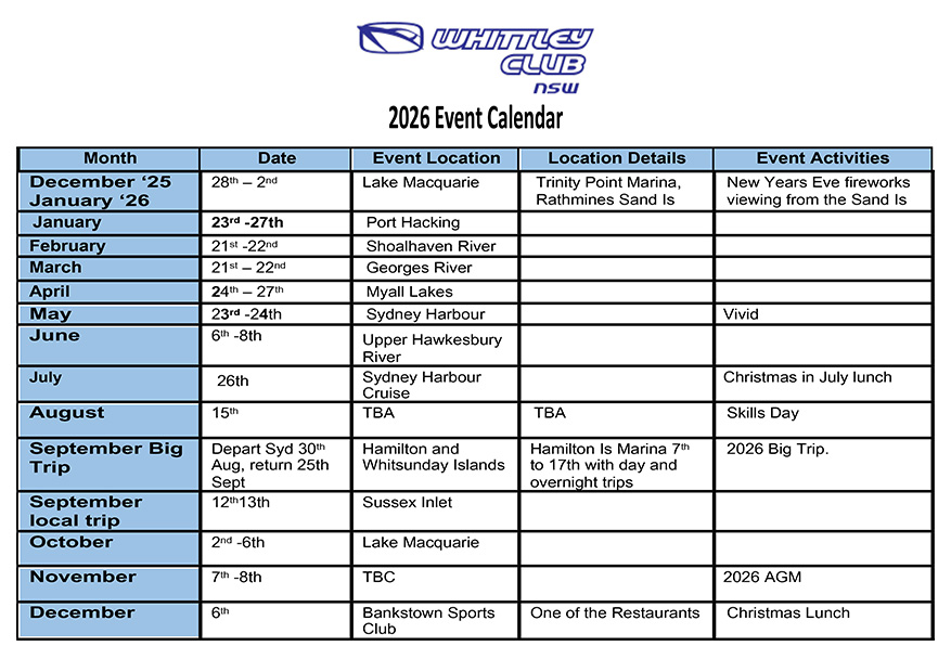 2026 Whitley Club event calendar